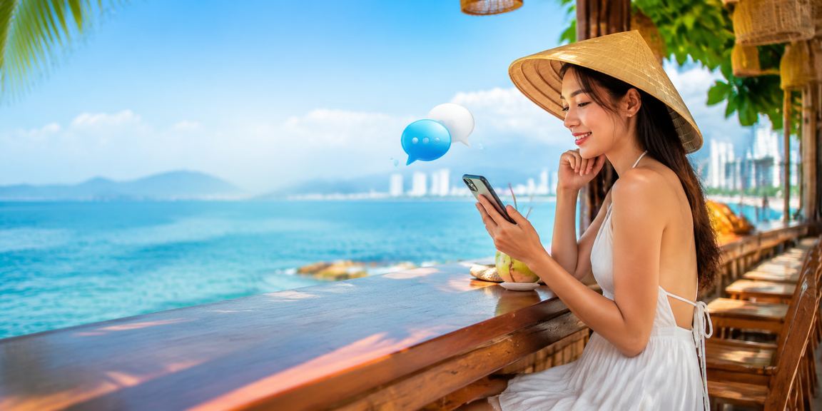 Người phụ nữ đội nón lá tại Nha Trang trải nghiệm casino trên điện thoại di động
